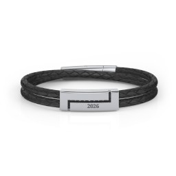 Men’s Black Leather Sterling Silver Engravable Rectangle Bracelet in 925 Sterling Silver