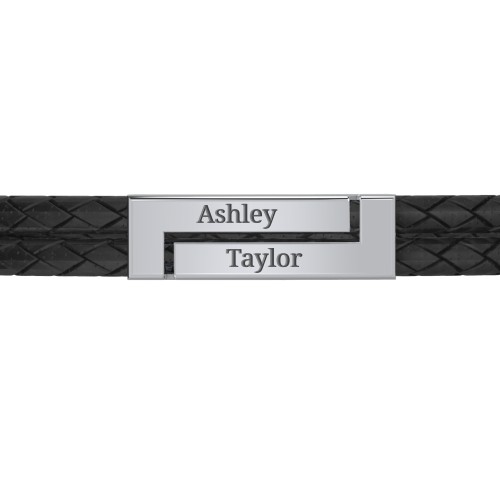 Men’s Black Leather Sterling Silver Engravable Rectangle Bracelet – Sterling Silver