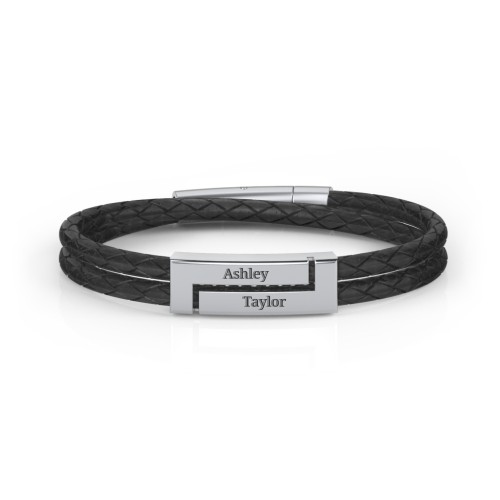 Men’s Black Leather Sterling Silver Engravable Rectangle Bracelet – Sterling Silver