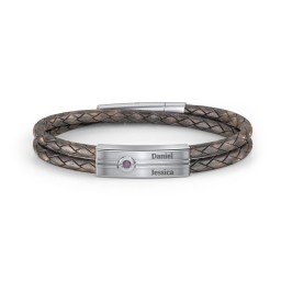 Men’s Antique Brown Leather Sterling Silver Engravable Gemstone Rectangle Bracelet