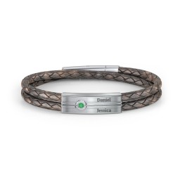 Men’s Antique Brown Leather Sterling Silver Engravable Gemstone Rectangle Bracelet in 925 Sterling Silver with Emerald