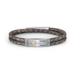 Men’s Antique Brown Leather Sterling Silver Engravable Gemstone Rectangle Bracelet in 925 Sterling Silver with Citrine
