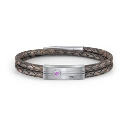Men’s Antique Brown Leather Sterling Silver Engravable Gemstone Rectangle Bracelet in 925 Sterling Silver with Amethyst