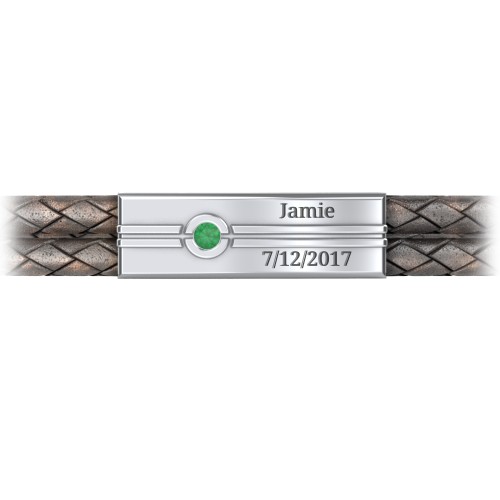 Men’s Antique Brown Leather Sterling Silver Engravable Gemstone Rectangle Bracelet – Sterling Silver with Emerald