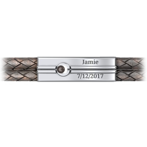 Men’s Antique Brown Leather Sterling Silver Engravable Gemstone Rectangle Bracelet – Sterling Silver with Smokey Quartz