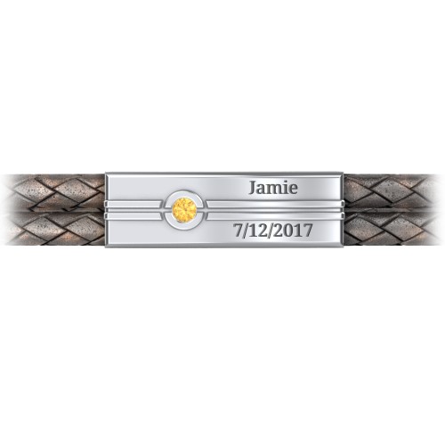 Men’s Antique Brown Leather Sterling Silver Engravable Gemstone Rectangle Bracelet – Sterling Silver with Citrine