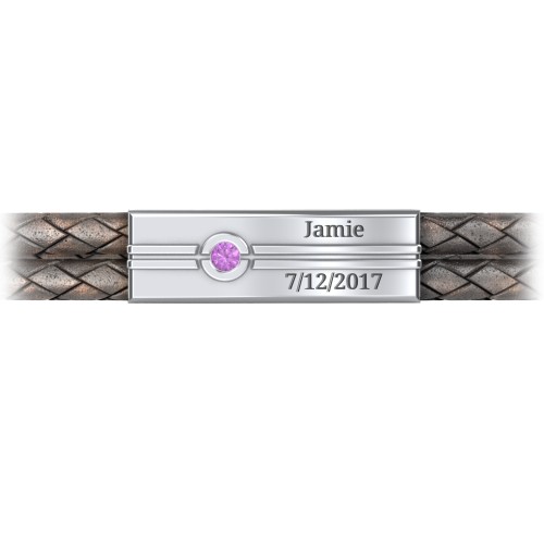 Men’s Antique Brown Leather Sterling Silver Engravable Gemstone Rectangle Bracelet – Sterling Silver with Amethyst