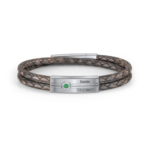 Men’s Antique Brown Leather Sterling Silver Engravable Gemstone Rectangle Bracelet – Sterling Silver with Emerald