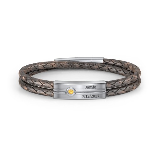 Men’s Antique Brown Leather Sterling Silver Engravable Gemstone Rectangle Bracelet – Sterling Silver with Citrine