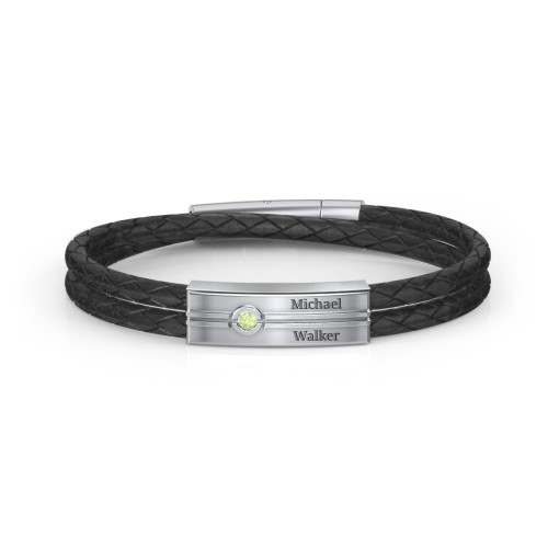 Men’s Black Leather Sterling Silver Engravable Gemstone Rectangle Bracelet