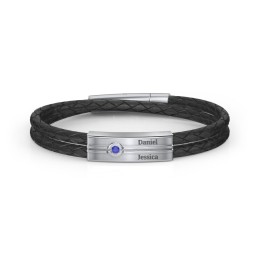 Men’s Black Leather Sterling Silver Engravable Gemstone Rectangle Bracelet in 925 Sterling Silver with Blue Sapphire