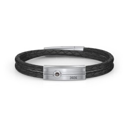Men’s Black Leather Sterling Silver Engravable Gemstone Rectangle Bracelet in 925 Sterling Silver with Smokey Quartz