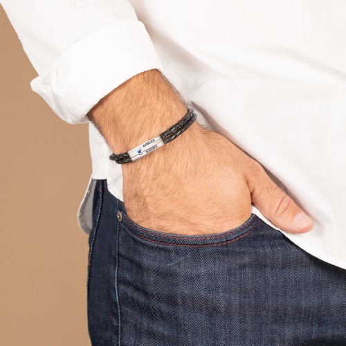 Men’s Black Leather Sterling Silver Engravable Gemstone Rectangle Bracelet – Sterling Silver with Smokey Quartz
