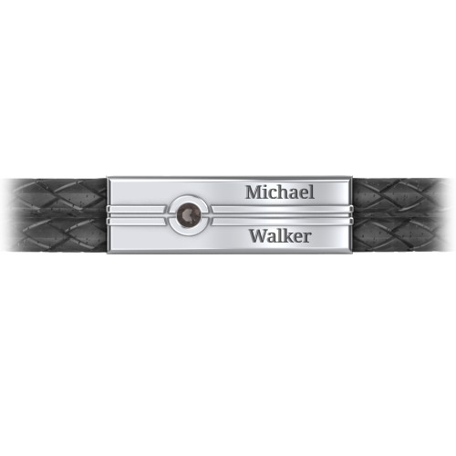 Men’s Black Leather Sterling Silver Engravable Gemstone Rectangle Bracelet – Sterling Silver with Smokey Quartz