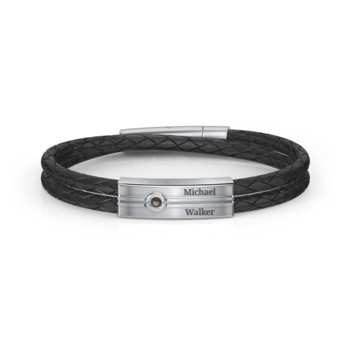 Men’s Black Leather Sterling Silver Engravable Gemstone Rectangle Bracelet – Sterling Silver with Smokey Quartz