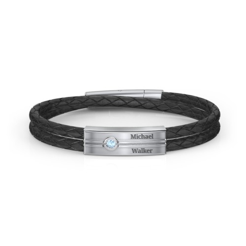 Men’s Black Leather Sterling Silver Engravable Gemstone Rectangle Bracelet – Sterling Silver with Blue Topaz