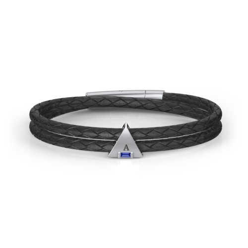 Men’s Leather Sterling Silver Engravable Gemstone Triangle Bracelet – Sterling Silver with Blue Sapphire
