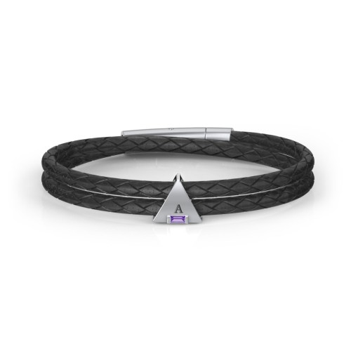Men’s Leather Sterling Silver Engravable Gemstone Triangle Bracelet – Sterling Silver with Amethyst