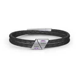 Men’s Leather Sterling Silver 2 Engravable Gemstone Triangle Bracelet in 925 Sterling Silver with Amethyst, Smokey Quartz, and Blue Topaz