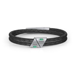 Men’s Leather Sterling Silver 2 Engravable Gemstone Triangle Bracelet in 925 Sterling Silver with Emerald, Smokey Quartz, and Blue Topaz