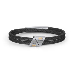 Men’s Leather Sterling Silver 2 Engravable Gemstone Triangle Bracelet in 925 Sterling Silver with Citrine, Smokey Quartz, and Blue Topaz