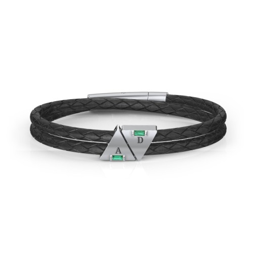 Men’s Leather Sterling Silver 2 Engravable Gemstone Triangle Bracelet – Sterling Silver with Emerald