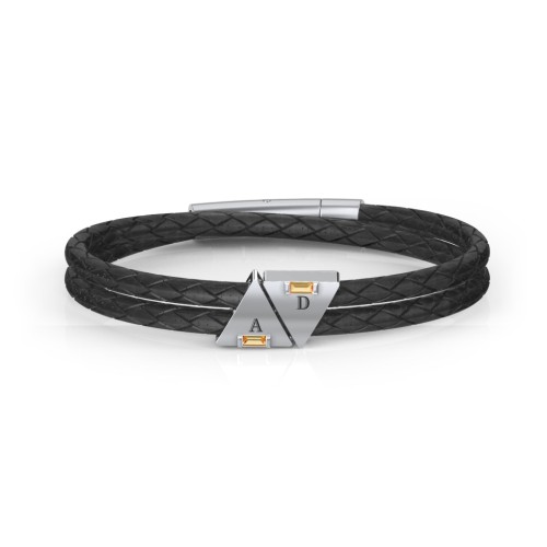 Men’s Leather Sterling Silver 2 Engravable Gemstone Triangle Bracelet – Sterling Silver with Citrine