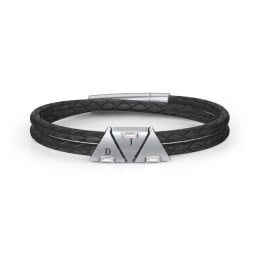 Men’s Leather Sterling Silver 3 Engravable Gemstone Triangle Bracelet