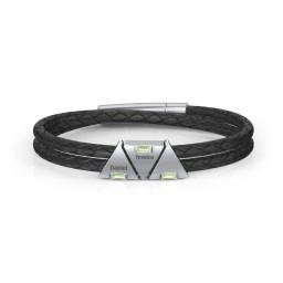 Men’s Leather Sterling Silver 3 Engravable Gemstone Triangle Bracelet in 925 Sterling Silver with Peridot and Blue Topaz