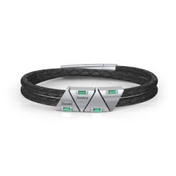 Men’s Leather Sterling Silver 4 Engravable Gemstone Triangle Bracelet in 925 Sterling Silver with Emerald