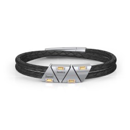 Men’s Leather Sterling Silver 4 Engravable Gemstone Triangle Bracelet in 925 Sterling Silver with Citrine