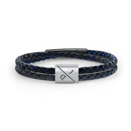 Men's Engravable Black Leather & Blue Silk Double Triangle Bracelet