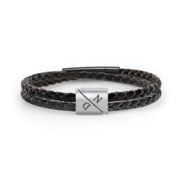 Men's Engravable Black Leather & Brown Silk Double Triangle Bracelet in 925 Sterling Silver
