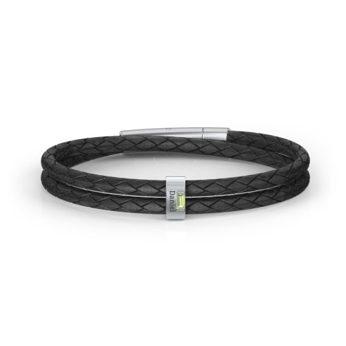 Men’s Leather Sterling Silver Vertical Bar Bracelet with Gemstones – Sterling Silver with Peridot