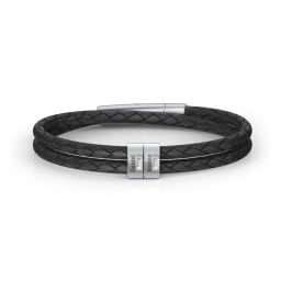 Men’s Leather Sterling Silver 2 Vertical Bar Bracelet with Gemstones