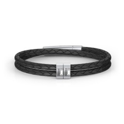 Men’s Leather Sterling Silver 2 Vertical Bar Bracelet with Gemstones