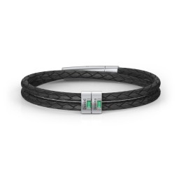 Men’s Leather Sterling Silver 2 Vertical Bar Bracelet with Gemstones in 925 Sterling Silver with Emerald, Peridot, Aquamarine, and Cubic Zirconia