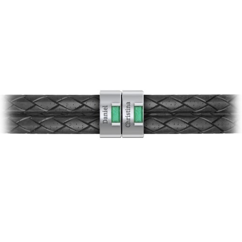 Men’s Leather Sterling Silver 2 Vertical Bar Bracelet with Gemstones – Sterling Silver with Emerald
