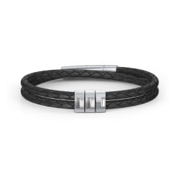 Men’s Leather Sterling Silver 3 Vertical Bar Bracelet with Gemstones