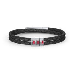 Men’s Leather Sterling Silver 3 Vertical Bar Bracelet with Gemstones