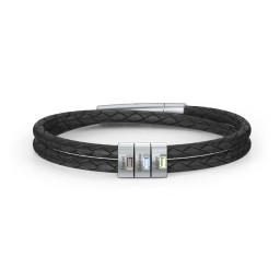 Men’s Leather Sterling Silver 3 Vertical Bar Bracelet with Gemstones