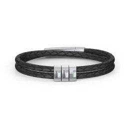 Men’s Leather Sterling Silver 3 Vertical Bar Bracelet with Gemstones in 925 Sterling Silver with Aquamarine and Cubic Zirconia