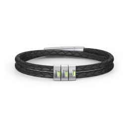 Men’s Leather Sterling Silver 3 Vertical Bar Bracelet with Gemstones in 925 Sterling Silver with Peridot, Aquamarine, and Cubic Zirconia
