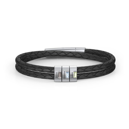 Men’s Leather Sterling Silver 3 Vertical Bar Bracelet with Gemstones – Sterling Silver with Smokey Quartz, Blue Topaz, and Peridot