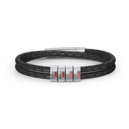 Men’s Leather Sterling Silver 4 Vertical Bar Bracelet with Gemstones