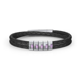 Men’s Leather Sterling Silver 5 Vertical Bar Bracelet with Gemstones in 925 Sterling Silver with Amethyst