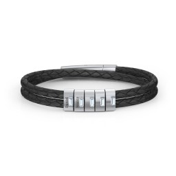 Men’s Leather Sterling Silver 5 Vertical Bar Bracelet with Gemstones in 925 Sterling Silver with Aquamarine