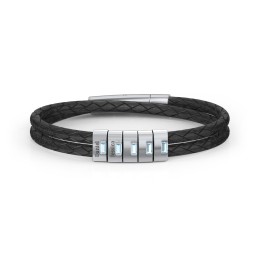 Men’s Leather Sterling Silver 5 Vertical Bar Bracelet with Gemstones in 925 Sterling Silver with Blue Topaz