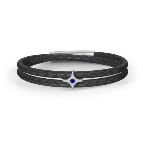 Men’s Leather Sterling Silver North Star Bracelet – Sterling Silver with Blue Sapphire