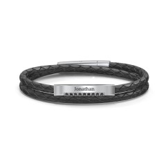 MYKA Personalized Men's Braid Bracelet - Custom Sterling Silver Beads On Black Leather, Gift For Dad/Husband